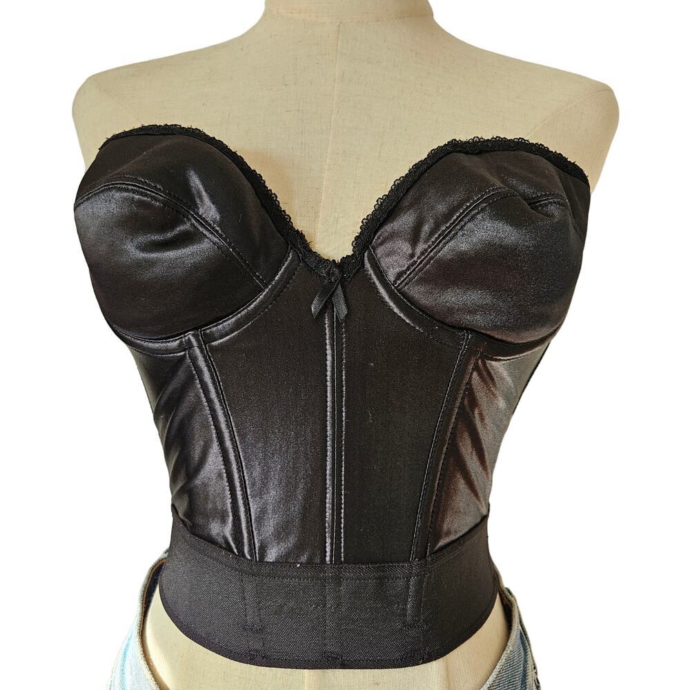 Vintage Victoria's Secret Gold Label Bustier 34B Black Satin Underwire